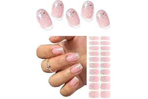 AutyaMee Semi Cured Gel Nail Strips (White Glitter Tip), 20 Pcs Pink Base Gel Nail Wraps, Stickers, Salon Quality, Long Lasting, Works with Any UV Lamps