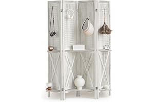 Asnefeli 4 Panel Pegboard Display with 16 Hooks, 5.6Ft Room Divider with Shelves, Wood Room Divider, Folding Privacy Screen, Freestanding Divider Wall Organizer for Living Room Bedroom Store (White)