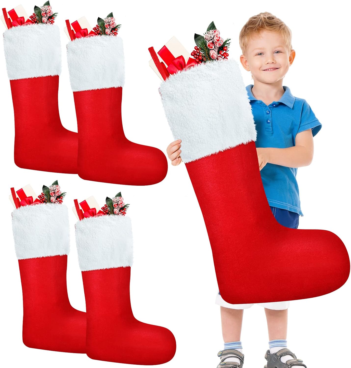 Stockings & Holders - 4 Pieces Jumbo Christmas Stockings 44 Inch Giant Red Plush Felt Christmas Stockings Oversized Large Stockings for Family Holiday Party Decorations (Classic Style)