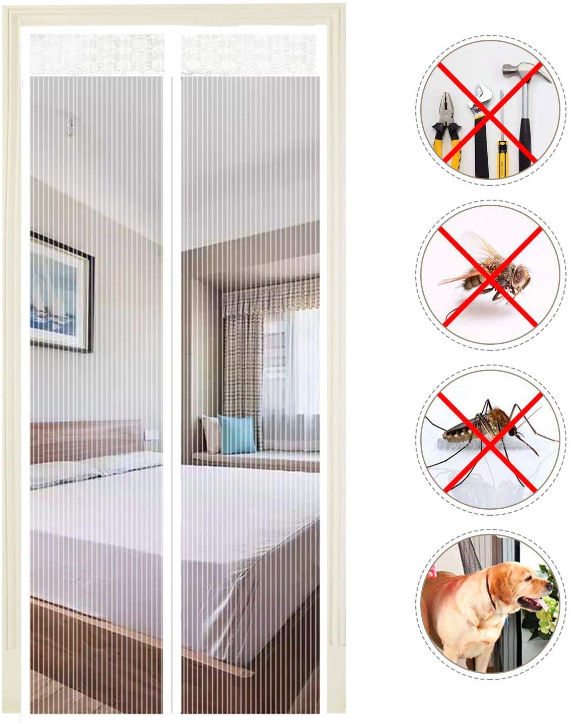 Magnetic Screen Door, Polyester Magnetic Door Fly Screen Curtain Magic Paste Curtains Super Quiet Stripes Encryption for Anti Mosquito or Anti Pest Magnetic Soft Door (White, 100 x 220 cm)