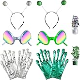 MARCSONNIA Alien Headband and Glasses Gloves Glitter Set Halloween Alien Costume Accessories Green & Silver for Adult Women Men