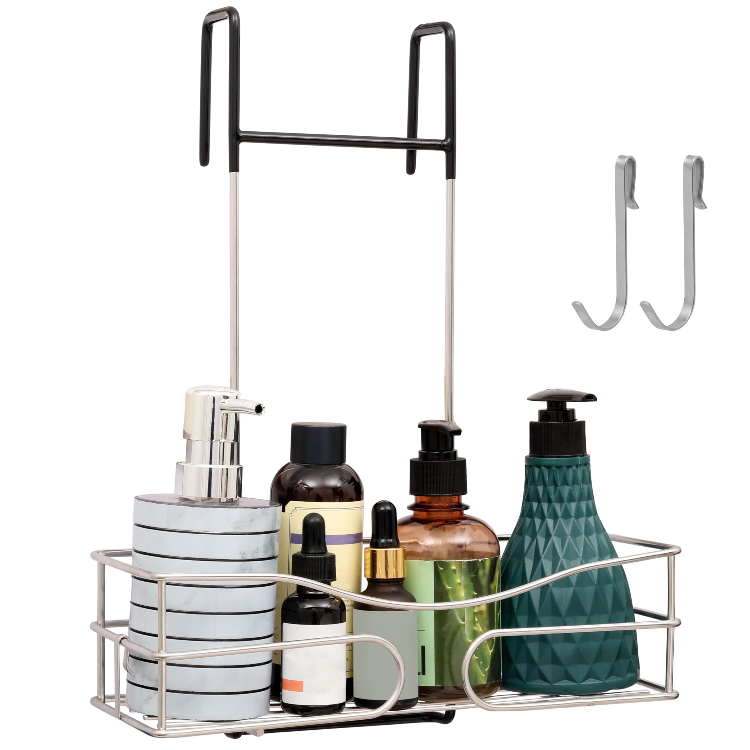 Belle Vous Stainless Steel Hanging Shower Caddy - Over The Door Rustproof Shelf Organiser with 2 Hooks - No Drilling Required - Bathroom Basket Rack for Shampoo, Towels, Sponge, Razors & More