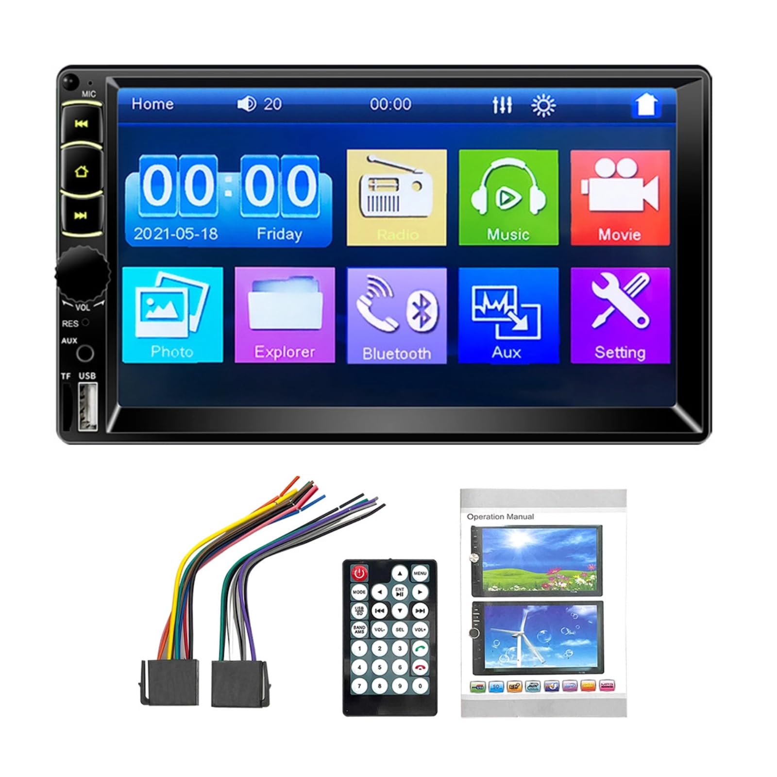 7in Double Din Car Audio Receiver Compatible with Voice Control Apple Carplay &Android Auto, 7in LCD HD Digital Multicolor Touch Screen MP5 Player, FM Radio, Music Player, Video Player