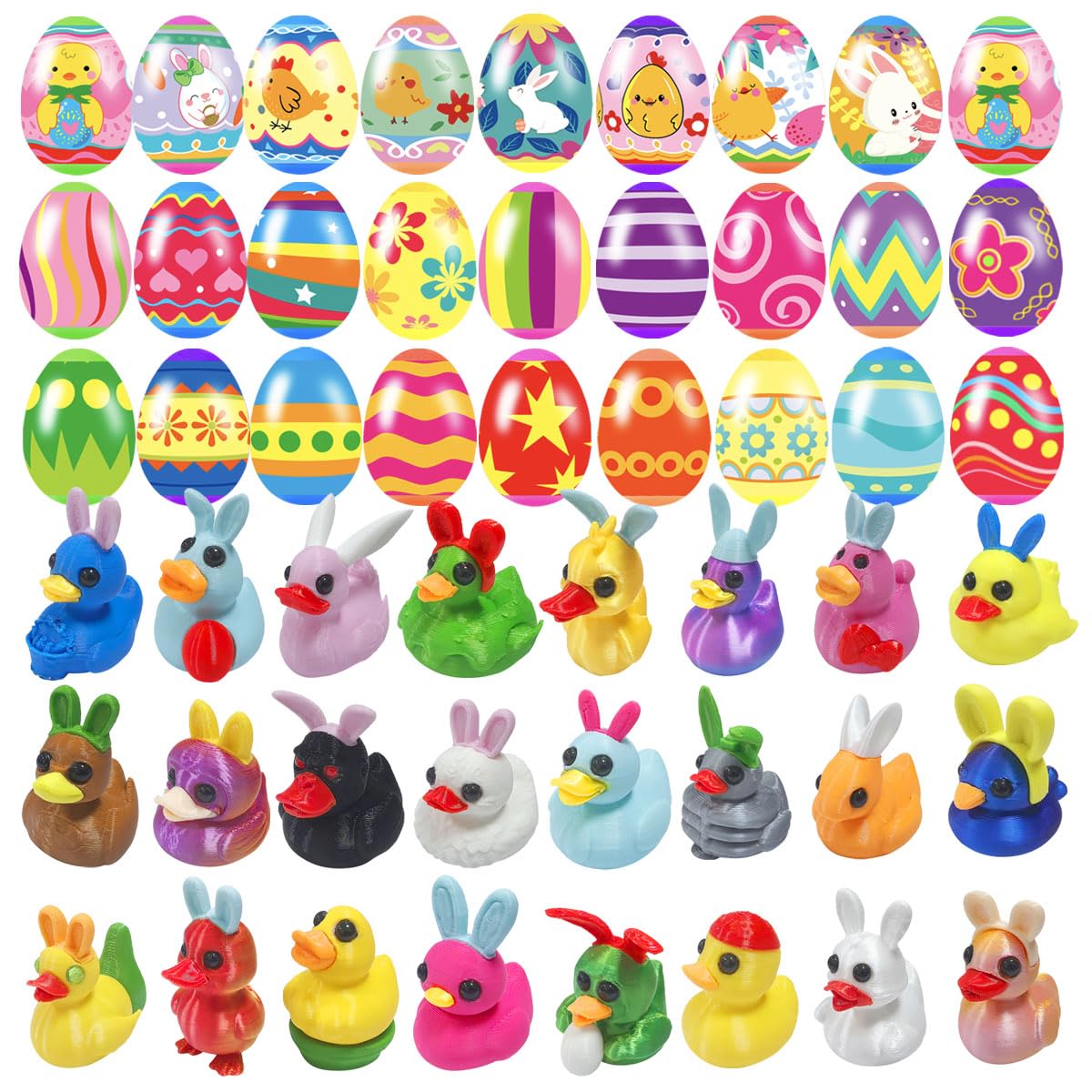 Cherislpy 24 Pcs Prefilled Easter Eggs with 3D Print Easter Ducks Toys Inside for Kids Girls Boys Easter Basket Stuffers Party Favors Gifts Easter Egg Fillers Hunt