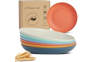 COMFORNITURE Wheat Straw Plates, Unbreakable Dinner Plates Set, Dishwasher & Microwave Safe Plastic Plates Reusable, Lightweight Plates for kitchen (9 inch Dopamine 6 PCS)