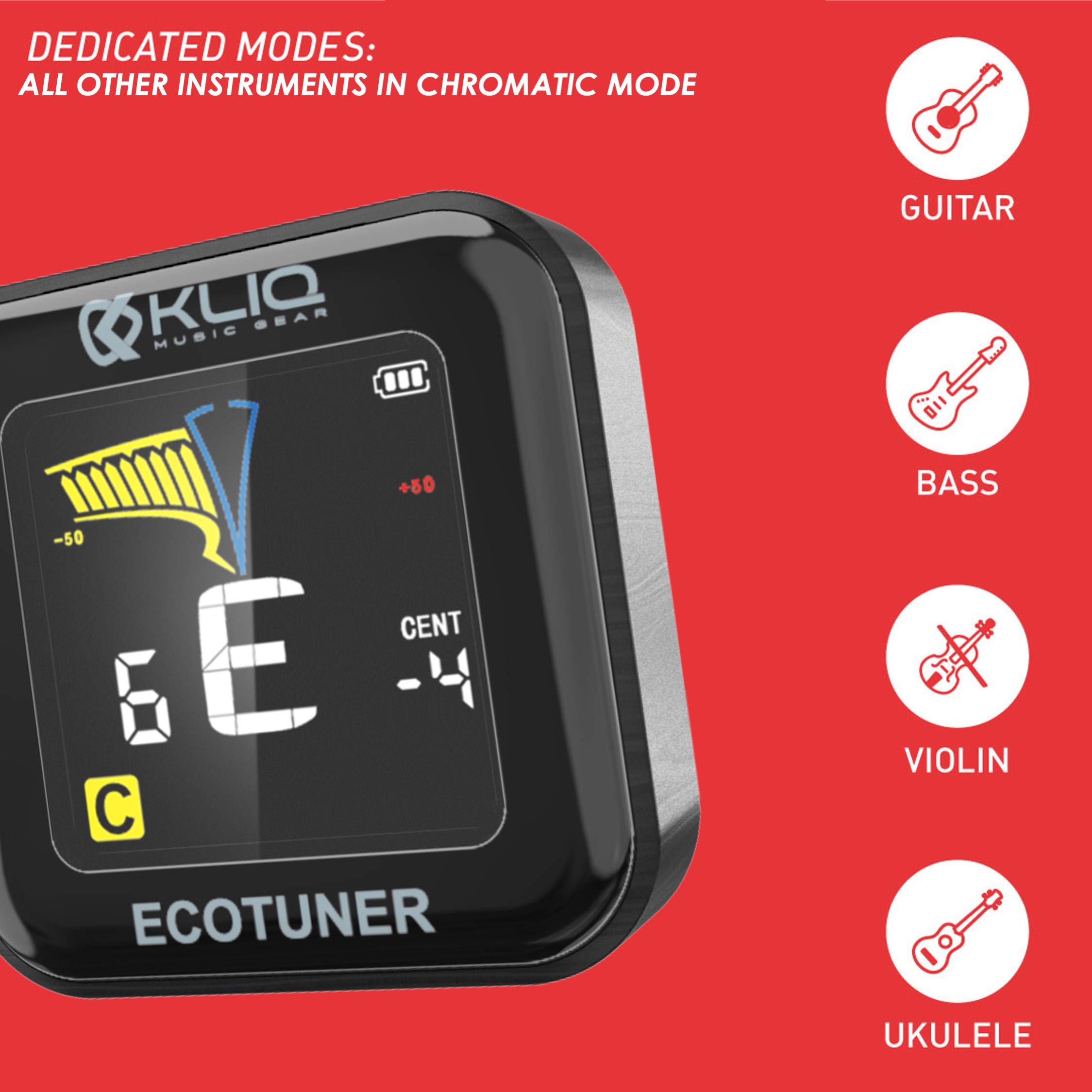 KLIQ EcoTuner - USB Rechargeable Clip-On Tuner for All Instruments (with included charging cable)