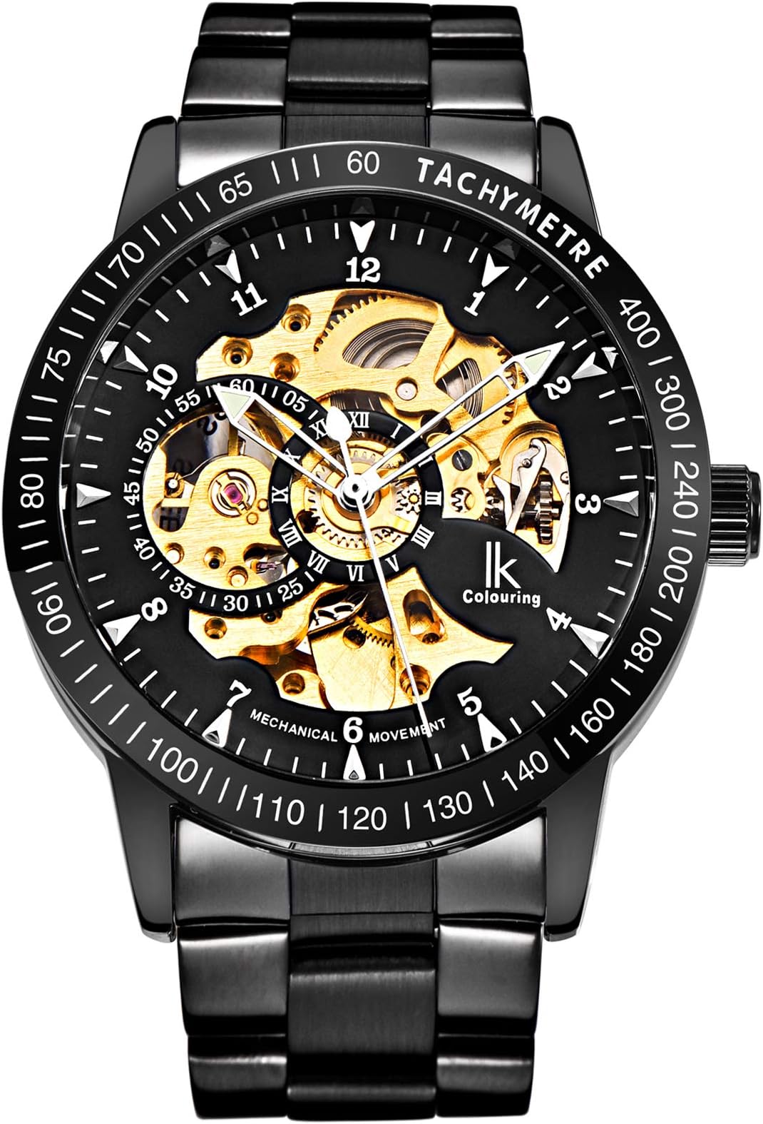 Men's Watch Skeleton Automatic Mechanical Wristwatch, Silver Golden Dial Tachymeter Black Stainless Steel Casual Steampunk Watch