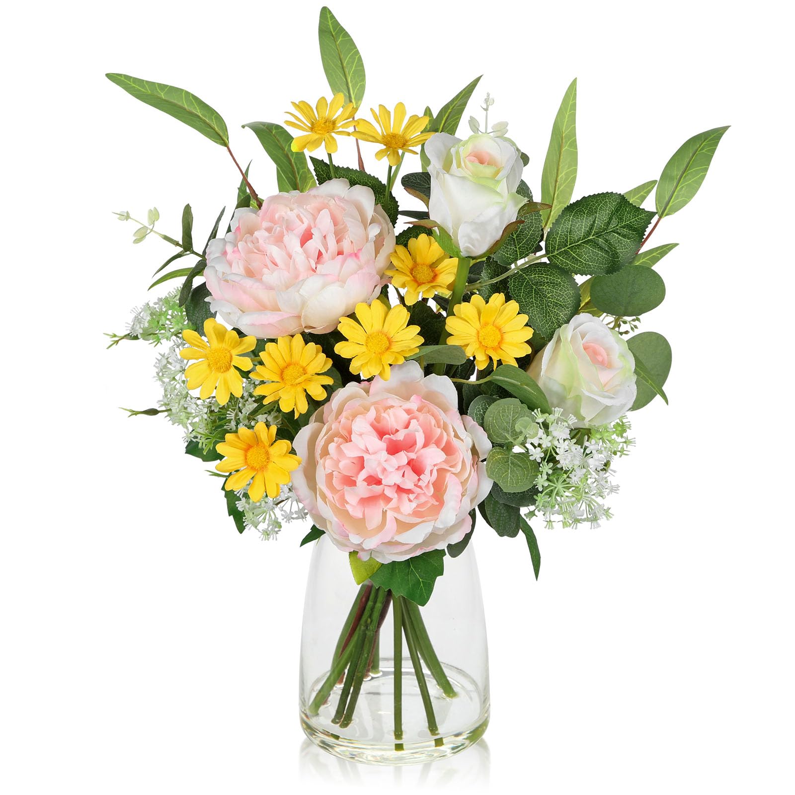 Photo 1 of Briful Artificial Flowers in Vase, Mixed White Rose Pink Peony Yellow Daisy and Greenery Leaf Floral Arrangements, Fake Flowers in Glass Vase with Faux Water, Home Wedding Patio Centerpiece Decor