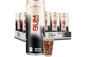 BUM ENERGY BUM Sugar-Free Energy Drink, Cola - Lightly Carbonated & No Artificial Colors, Natural Caffeine & Citicoline for Energy & Focus, Brain Boost & Workout Sports Beverage - 12 oz, Pack of 12