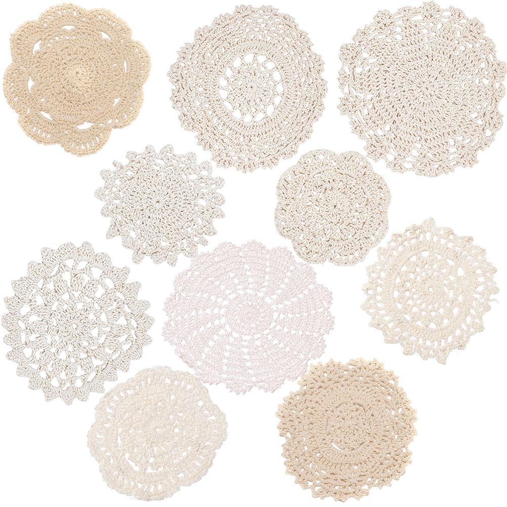 GORGECRAFT 10 pcs Crocheted Doilies Cotton Hand Made Round Crochet Lace Table Placemats Value Pack Cup Mat Cotton Coaster 4-6 inches Round Bisque Vintage Wedding Tea Party