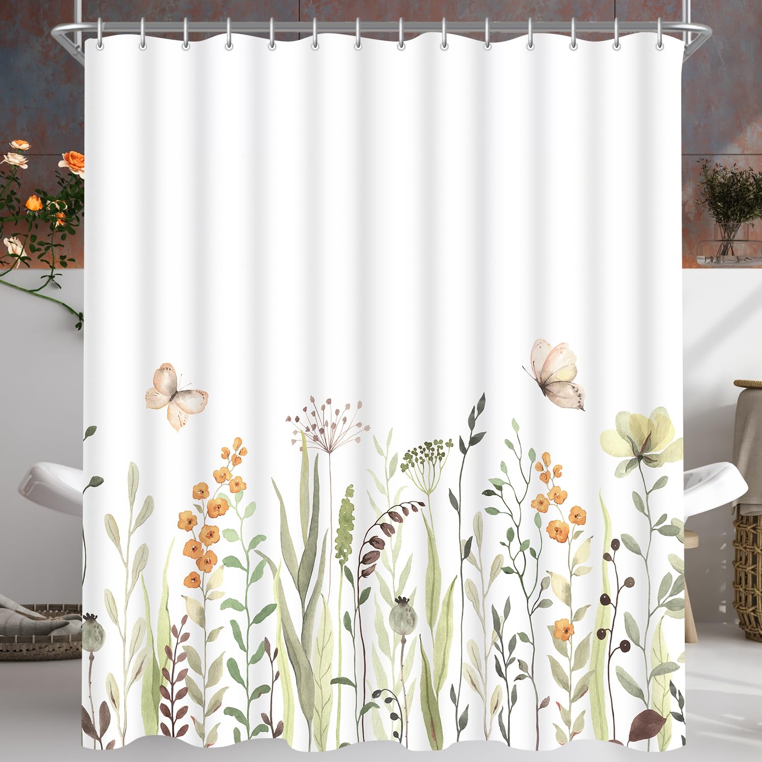Shower Curtain, 180 x 180 cm, Fresh Butterfly Flowers, Weighted Hem, Anti-Mould Textile, Water-Repellent, Washable Polyester Bath Curtains with 12 Eyelets and Shower Curtain Rings for Bathroom