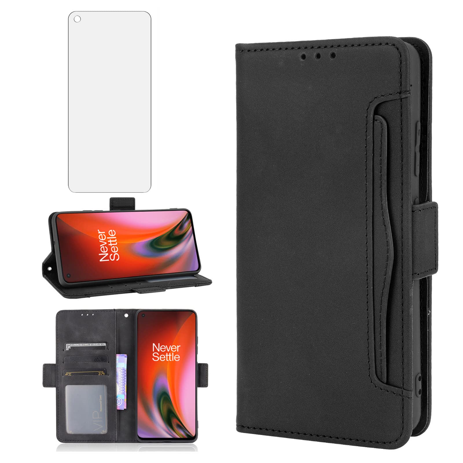 Asuwish Compatible with OnePlus Nord 2 5G Wallet Case and Tempered Glass Screen Protector Card Holder Credit ID Slot Leather Flip Phone Cover for One Plus On 1 Plus 1plus One+ 1+ Nord2 Women Men Black