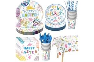 erichbow Easter Party Supplies,Happy Easter Disposable Tableware Set, 129Pcs Including Paper Plates, Luncheon Napkins Cups Forks Spoons Knives Straws Kids Easter Party Decorations, Serves 16