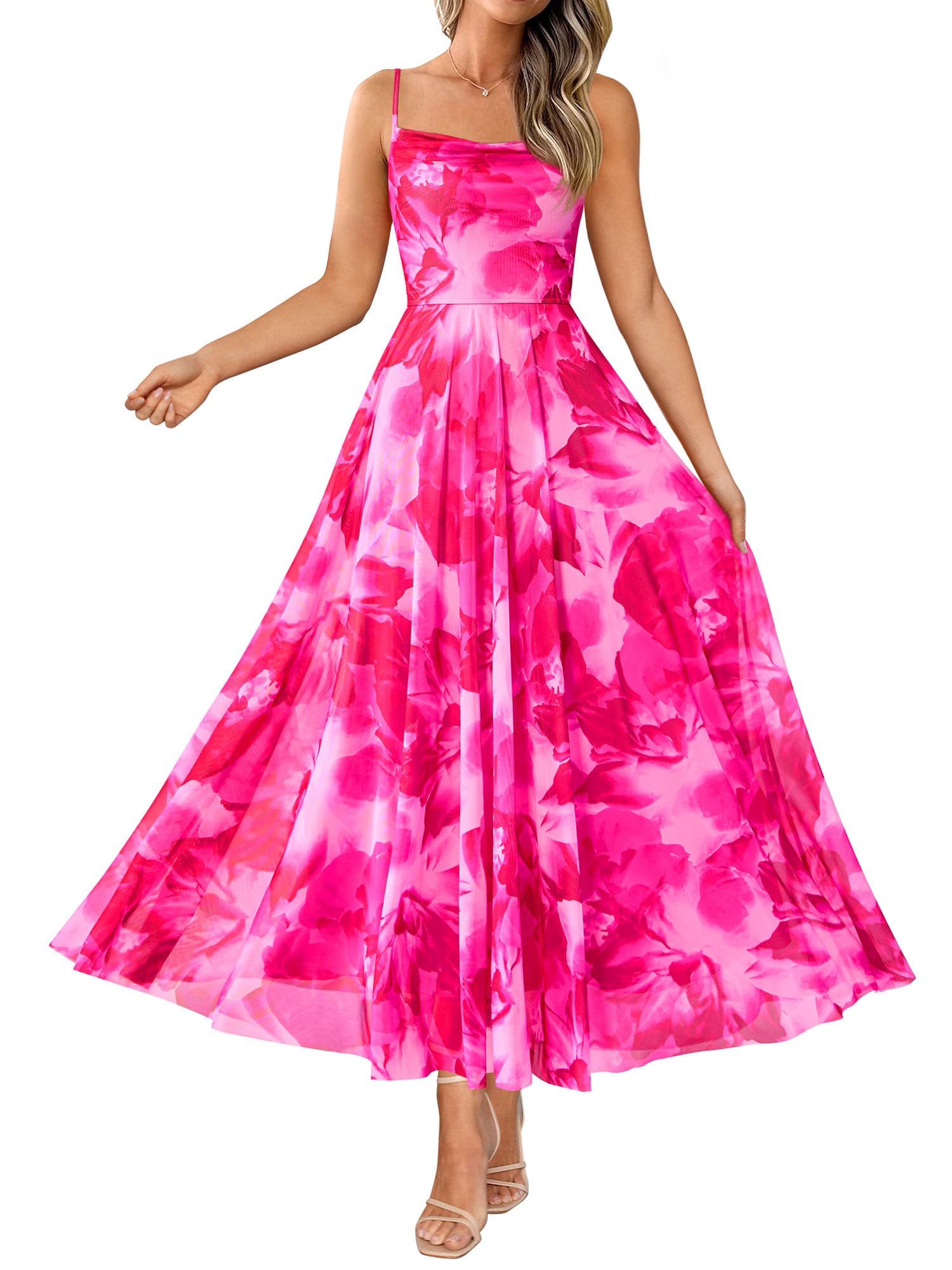 Photo 1 of BTFBM Women Summer Floral Maxi Dresses Elegant Spaghetti Strap Dress Printed Party Dress Beach Long Dresses (Floral Pink,Small)