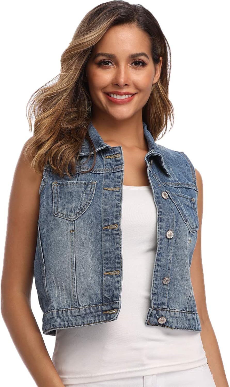 Denim Vest for Women Crop Washed Classic Jean Jacket with Chest Flap