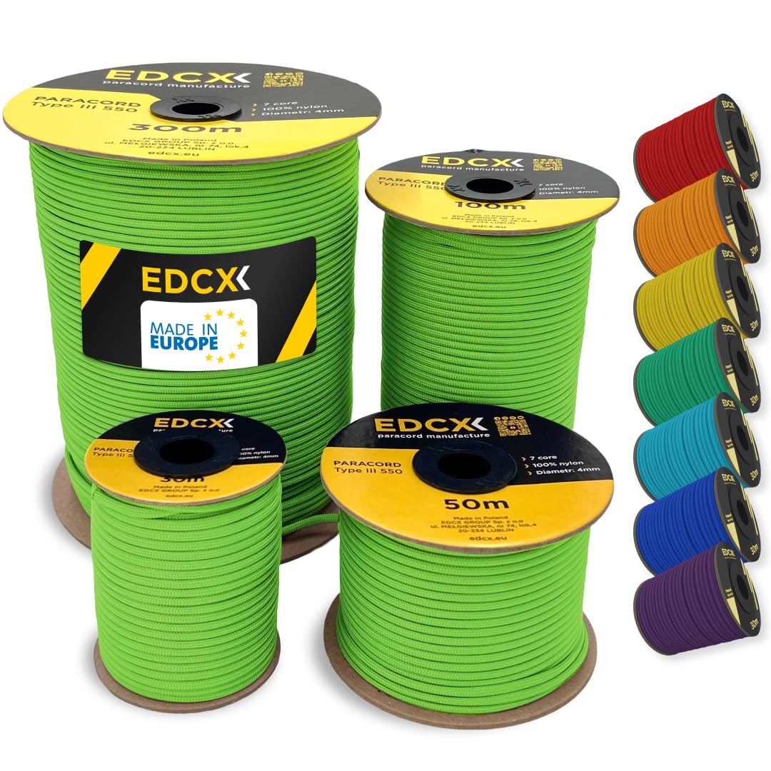 EDCX 4mm Nylon Paracord 550 300m (1000 feet) | Ideal for Camping, Survival, Outdoor, Crafting, DIY | 100% Nylon Rope 4mm | Paracord 550 Type III in Solid Color (Neon Green, 300 m)