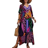 Chunoy Women Casual V Neck Kaftan Dress Kimono Sleeve Bathing Suit Beach Cover Up Caftan Side Split Dresses