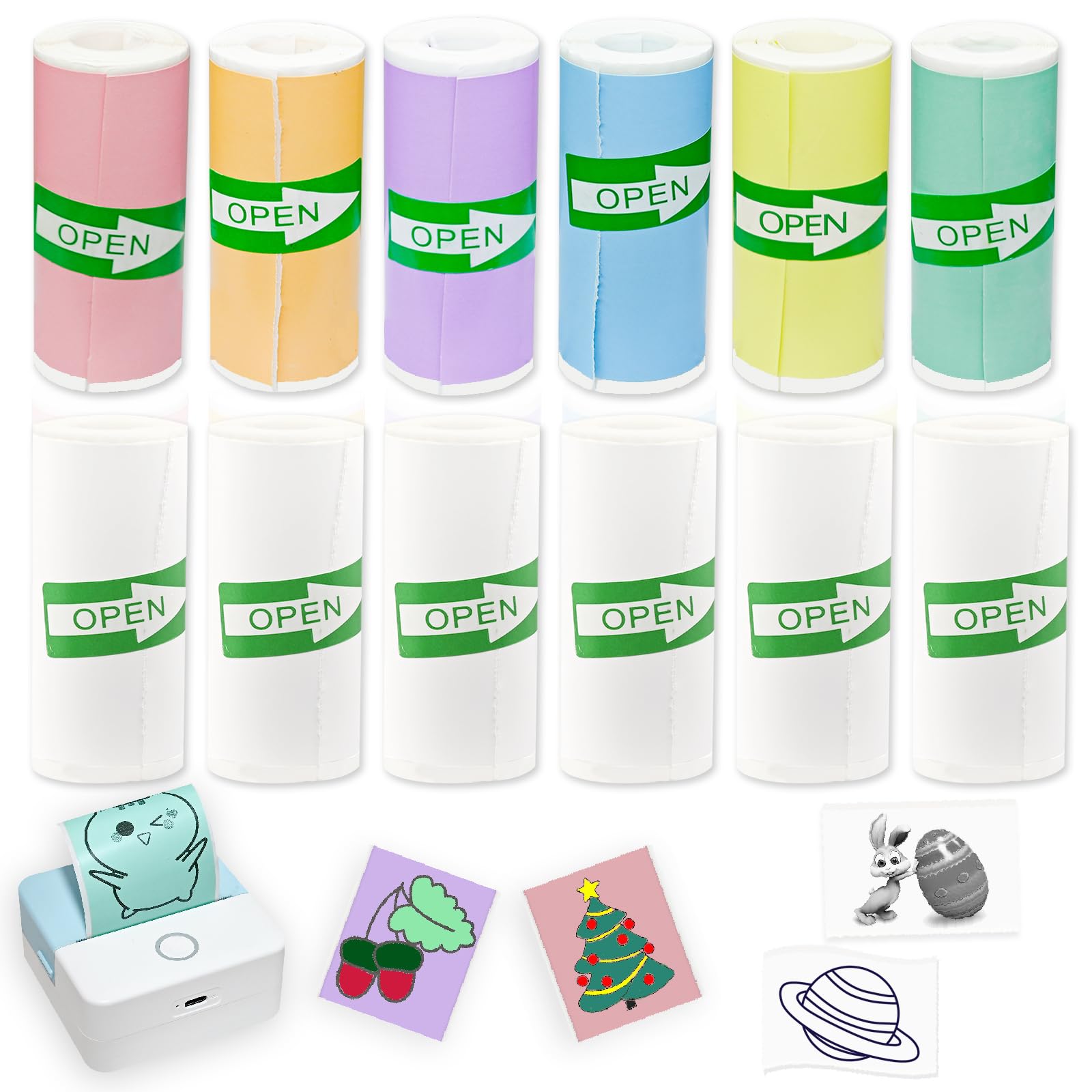 Photo 1 of 12 Rolls Self-Adhesive Mini Printer Sticker Paper - 6 White & 6 Vibrant Colors for M02/T02 Printers (Remove Inner Paper Holder), Thermal Sticker Paper Continious Labels for Study Notes & Scrapbooking