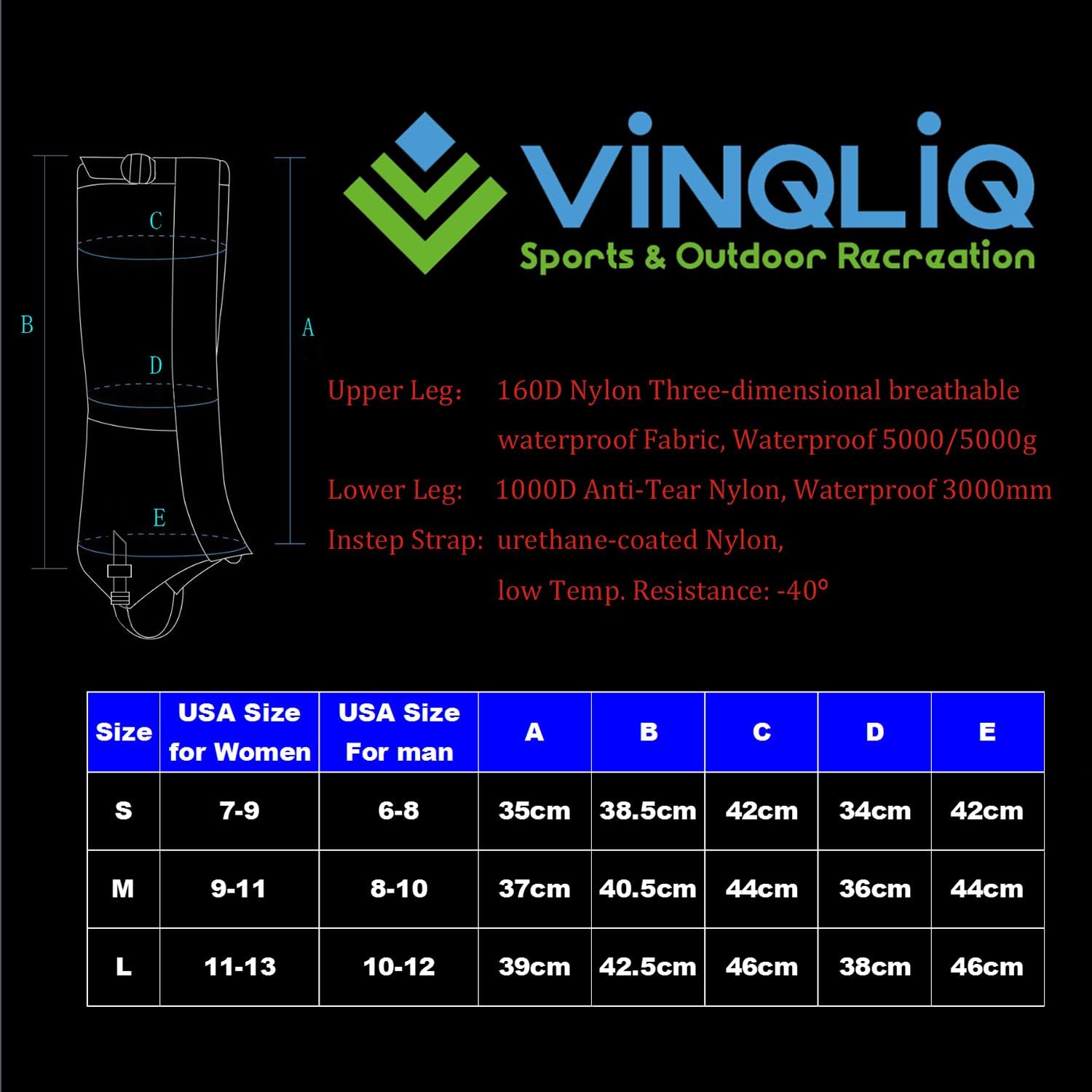 Vinqliq Durable Waterproof Breathable Hiking Ski Snow Climbing Hunting High Leg Gaiters for Men and Women (Upgraded - L): Sports & Outdoors