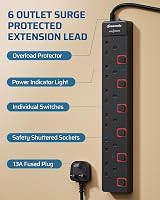 DEWENWILS 6 Way Surge Protected Extension Lead 3M 13A 6 Gang White view 2