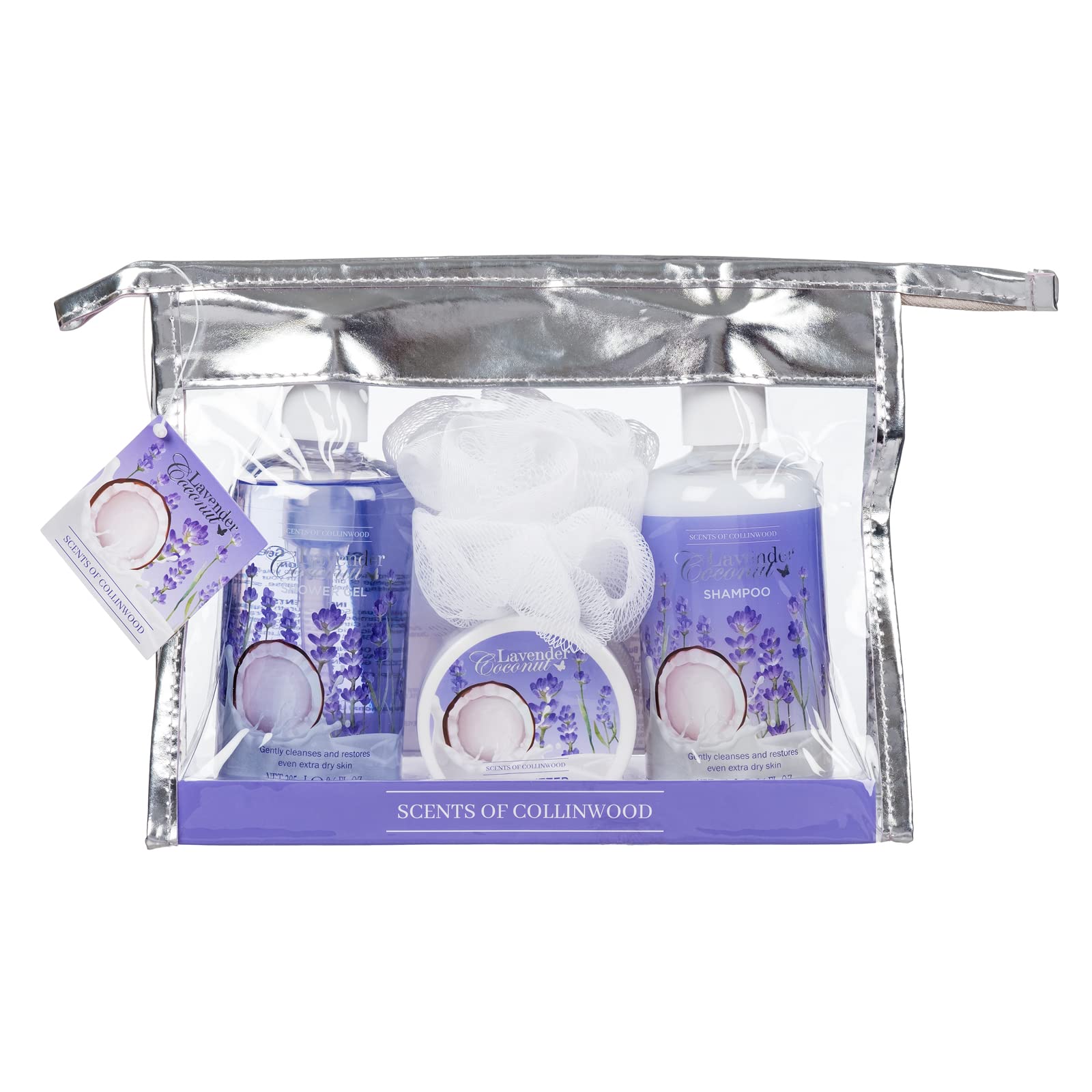 Scents of Collinwood - 4 Piece Women’s Classic and Elegant Lavender Coconut Scent Bath Set - Includes Shower Gel, Shampoo, Body Butter and a Bath Puff,Purple