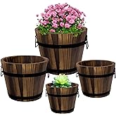 Adnee 4 Pack Wooden Whiskey Barrel Planters - 4 Sizes Wooden Bucket Barrel Garden Planters Set - Rustic Flower Planters Pots Container for Indoor Outdoor Garden Home Plants(4.7",6.1",7.1",9")