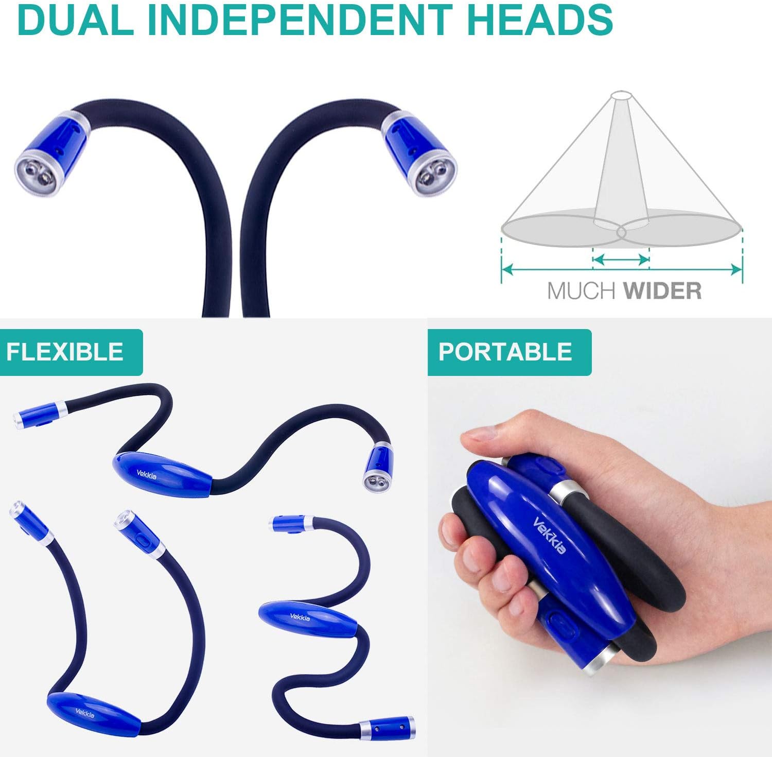 Vekkia Rechargeable 4 LED Neck Reading Light, Book Lights for Reading in Bed, 3 Brightness Levels, 2 Flexible Soft Silicone Arms Comfortable Wear, Long Lasting. Perfect for Bookworms, Craft & Knitting: Home Improvement