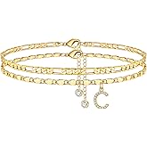 Ursteel Ankle Bracelets for Women, 14K-Gold-Plated Dainty Layered Chain CZ Initial Anklets Set Summer Jewelry Gifts for Women