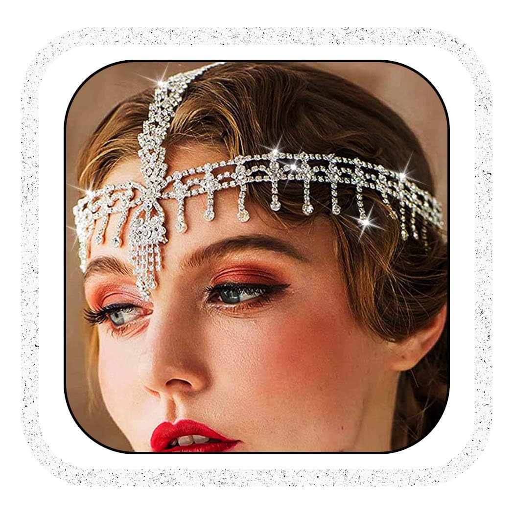 IYOU Women 1920s Headband Rhinestone Silver Head Chain Tassel Wedding Headpiece Gatsby Party Hair Pieces Jewelry for Bride and Bridesmaid