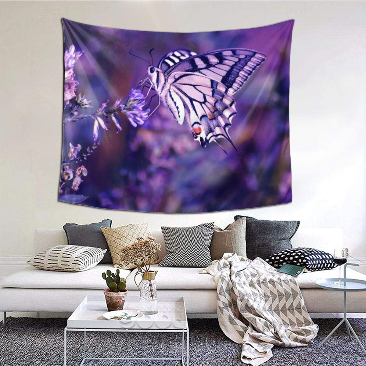 Amazon Co Jp 美しい蝶紫 北欧風 タペストリー インテリア 壁掛け 修飾物 多機能 部屋用品 おしゃれ 新居お祝い プレゼント ホーム キッチン