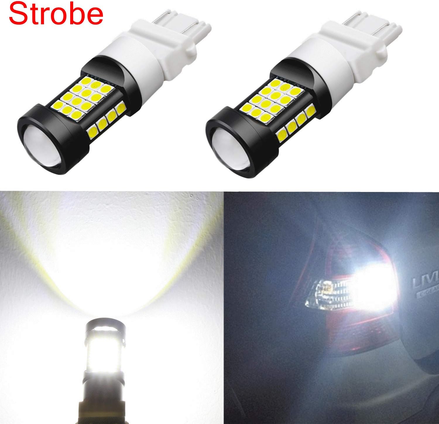 Alla Lighting 3800lm 3156 3157 White LED Strobe Brake Lights Bulbs Xtreme Super Bright T25 3457 3057 4057 3157 LED Bulb High Power 3030 SMD 6000K Xenon LED for Car Truck Flashing Brake Stop Tail Light