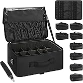 Relavel Extra Large Makeup Case Professional Cosmetic Storage Organizer Box Brush Holder with 8 Clear Set Bags & Lipstick Plate for Makeup Artists with Shoulder Strap & Adjustable Dividers
