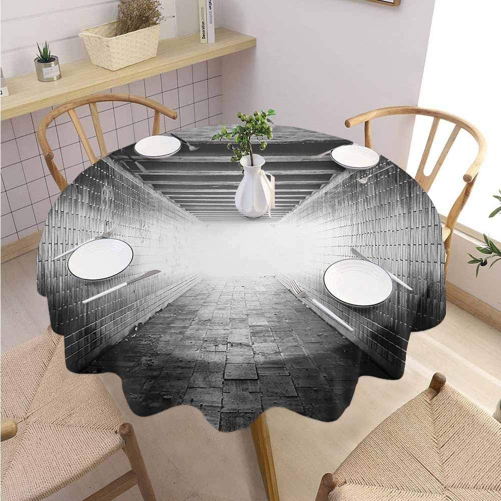 DILITECK Horror House Decorative Round Tablecloth Picture of End of The Tunnel Exit Fear City Abandoned Death Life Print Fabric Tablecloth Diameter 70" Black and White