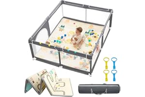 dearlomum Baby Playpen with Mat 71" X 59", Extra Large Play Yard for Babies and Toddlers, Safety Baby Fence, Indoor & Outdoor Kids Activity Play Center with Anti-Slip Suckers and Zipper Gate(Grey)