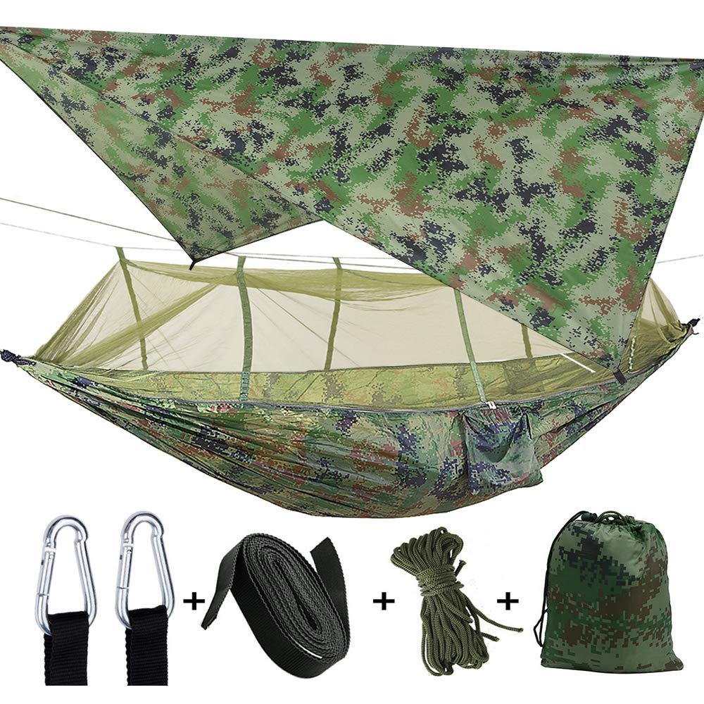 3 in 1 Camping Hammock with Zipper Mosquito Net and Tarpaulin, 300kg Load Capacity Hammocks Breathable Mosquito Net Quick Drying Parachute Tarpaulin for Camping Hiking Trip Yard (Camouflage Hammock)