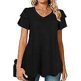 Afibi Womens Summer Tops Ruffle Short Sleeve V Neck T-Shirts Casual Loose Fit