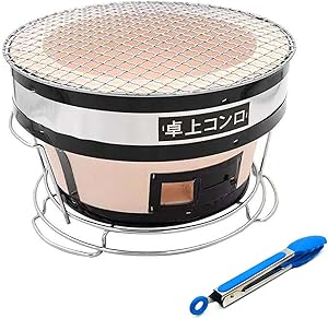 Hibachi Barbecue Charcoal Grill, Japanese Round Ceramic Clay Charcoal Stove Tabletop Yakitori Charcoal Grill Cooker for Camping Or Home(Free Food Tongs)