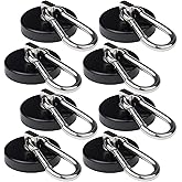 WELLZEER Magnetic Hooks 170lbs Heavy Duty Black Magnet Hooks with Swiveling Carabiner for Hanging Refrigerator Strong Large Neodymium Magnet (170LBS-8PACK-BLACK)