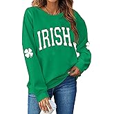Urvatac Women St. Patrick's Day Sweatshirts Shamrock Clover Print Shirts Casual Irish Gift Long Sleeve Loose Fit Tops