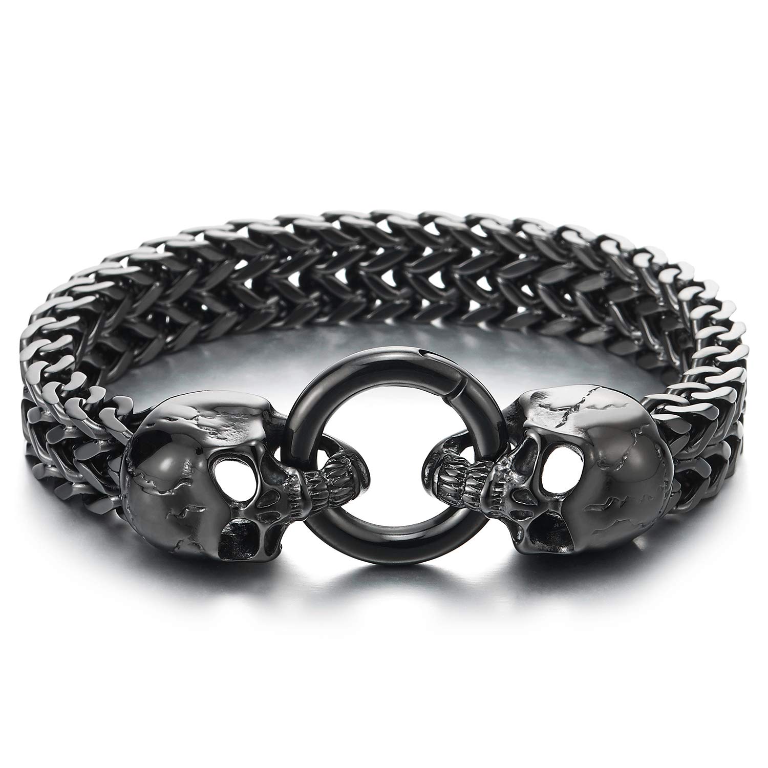 COOLSTEELANDBEYOND Pulsera de eslabones cubanos con doble calavera de acero inoxidable negro para hombre con cierre de anilla en forma de O, accesorio de muñeca estilo gótico motero punk