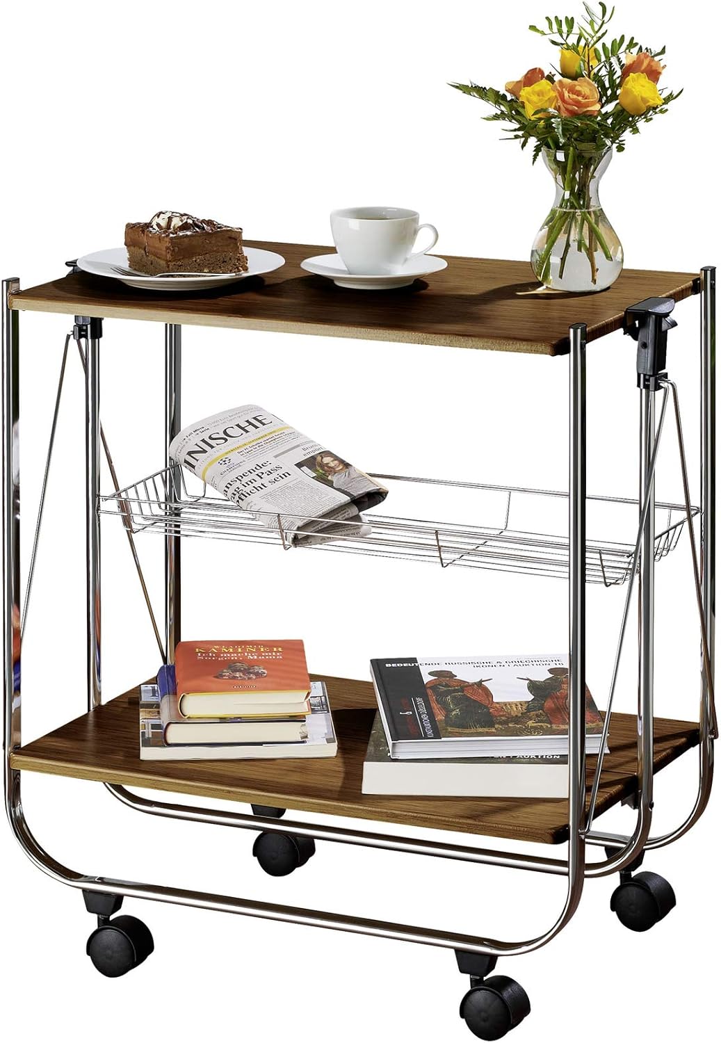 folding serving cart on wheels on Amazon Com Folding Kitchen Cart On Wheels 2 Shelves In Walnut Look Robust Metal Frame Storage And Transport Options For Kitchen Living Room Or Terrace For Breakfast Drinks Or Barbeque 26 8