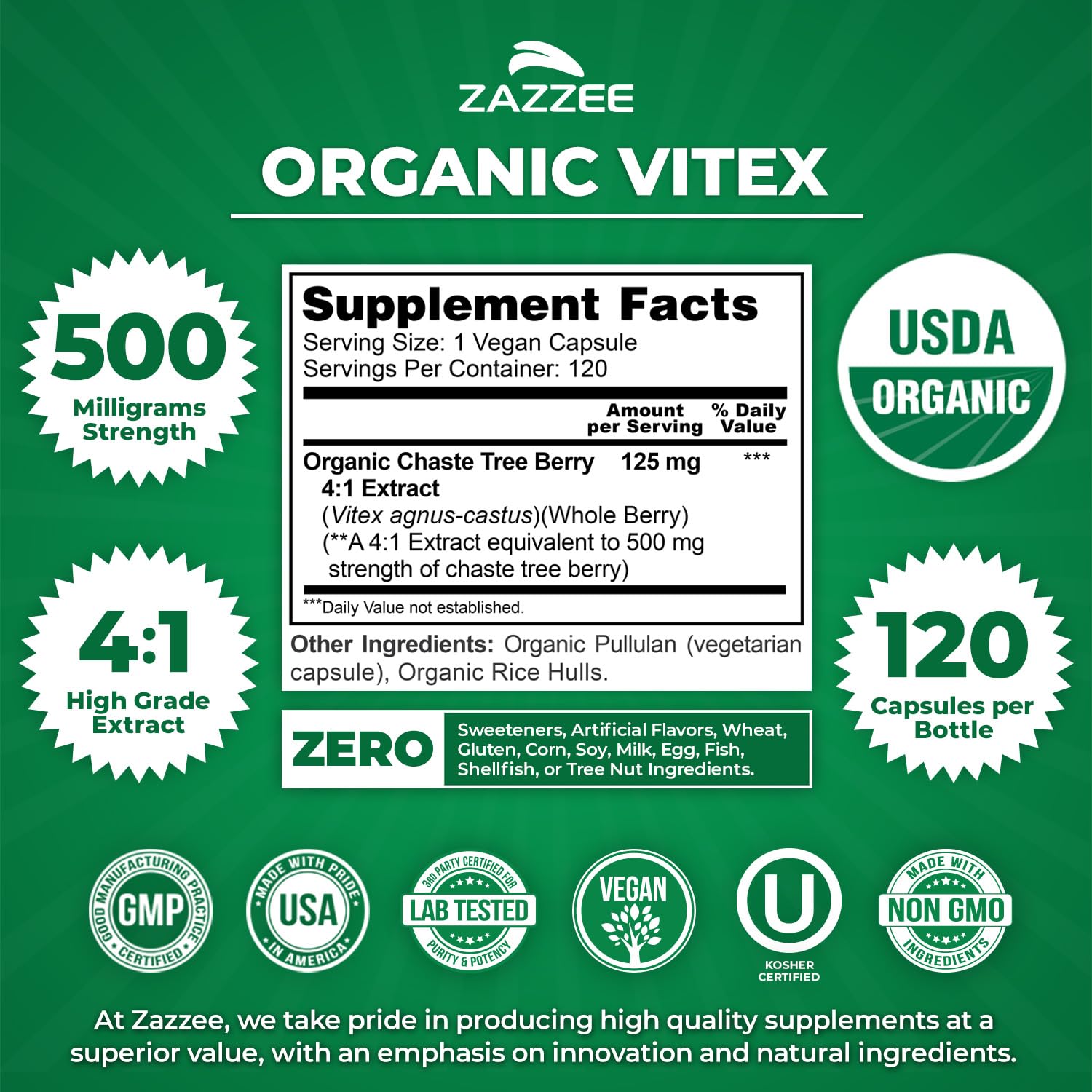 Zazzee USDA Organic Vitex, 500 mg Strength, 120 Vegan Capsules, 4 Month Supply, Kosher, Standardized and Concentrated 4X Extract, Whole USDA Certified Organic Chaste Berry, All-Natural and Non-GMO