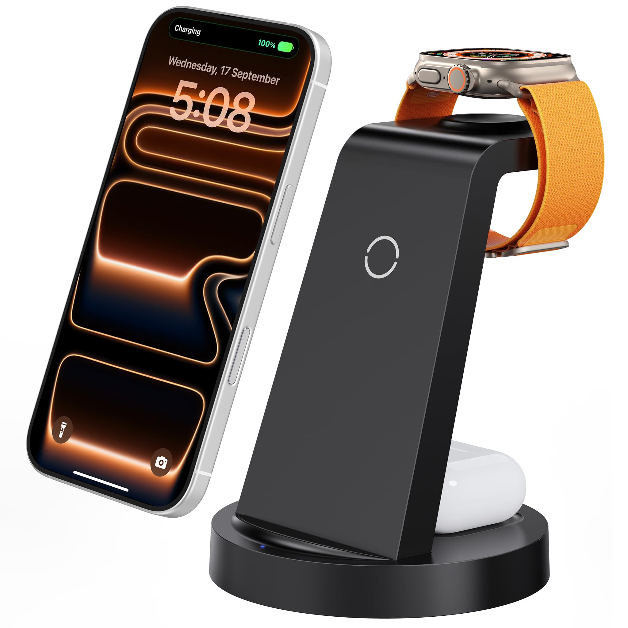 Photo 1 of 3 in 1 Charging Station for iPhone, Wireless Charger for iPhone 17 16e 16 15 14 13 12 11 X Pro Max & Apple Watch - Wireless Charging Station for AirPods 4 3 Pro
