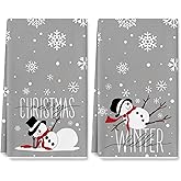 AnyDesign Christmas Grey Kitchen Dish Towel 18 x 28 Inch Snowman Snowflake Dishcloth Winter Decorative Hand Drying Tea Towel for Xmas Winter Holiday Kitchen Cooking Baking Bathroom, 2Pcs