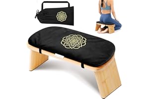 Hihealer Folding Bamboo Meditation Bench with Cushion & Carry Bag – Ergonomic Yoga and Prayer Stool for Comfort and Posture Support (Black)