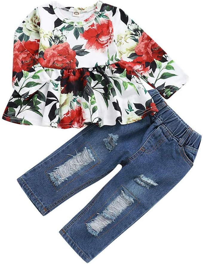 WOCACHI Toddler Girl Clothes, 3 Piece Set Baby Off Shoulder Tops Hole Denim Pant Jean Headband