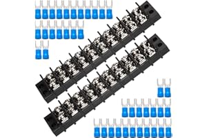MILAPEAK Terminal Block - 2 Pack 10 Positions 200v-450v 20-30A Dual Row Screw Terminals Strip + 40 PCS Copper Wire Fork Connectors