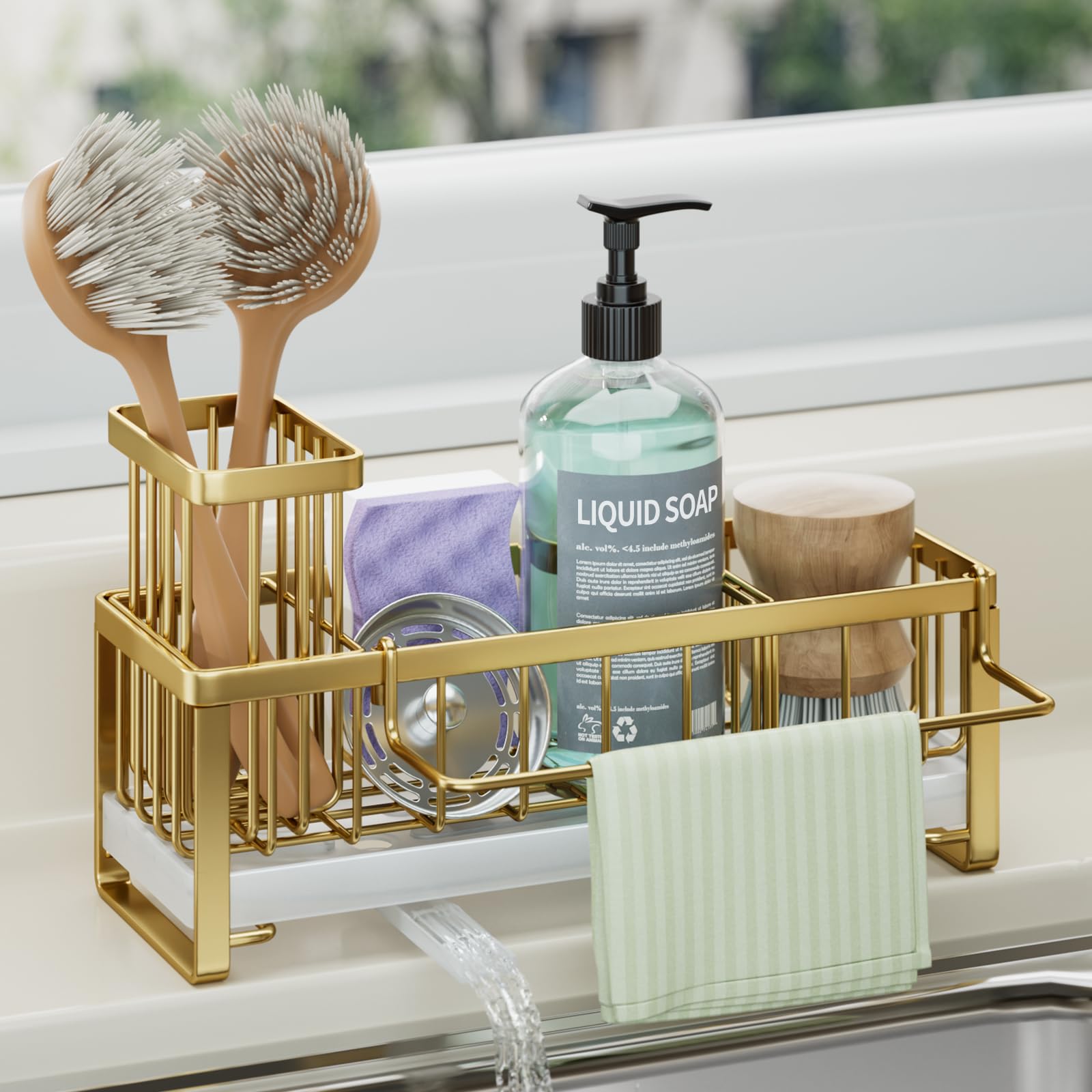 Photo 1 of HapiRm Sponge Holder for Kitchen Sink - Self-draining Sink Caddy with Brush Holder and Dishcloth Holder, Stainless Steel Kitchen Organizer for Countertop - Gold
