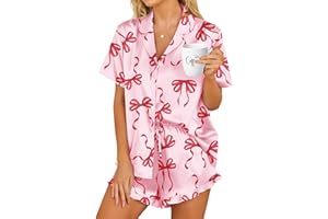 HOTOUCH Womens Satin Pajamas Set Button Down 2 Piece Silk Pjs Shorts Set Ruffle Lingerie Notch Collar Sleepwear