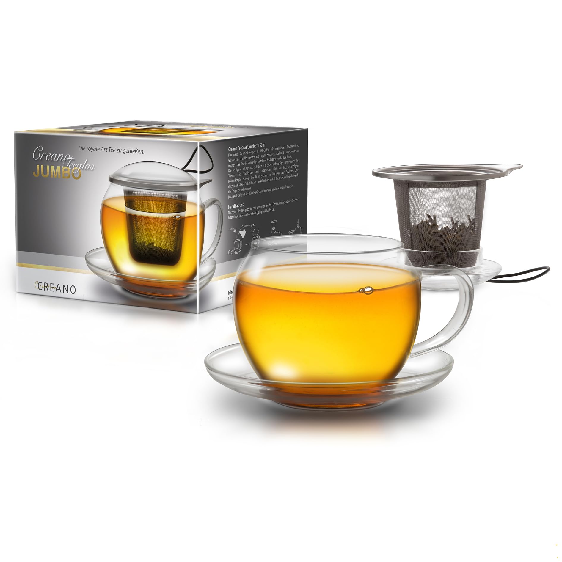 Creano Jumbo Tea Cup with Handle and Integrated Stainless Steel Strainer, Glass lid and Saucer | 450ml